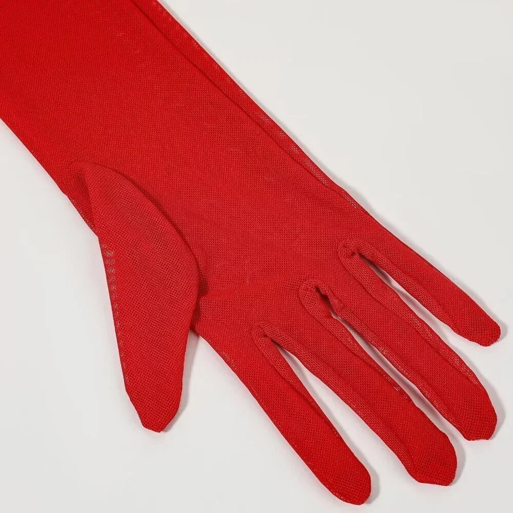 Women's Long Red Ruffle Puff Cuff Sleeve Mesh Gloves Wedding Party Costume